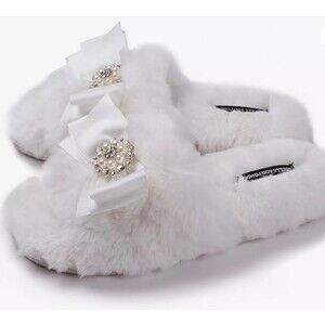 NIB Faux Fur Bow Slippers Rhinestones Wedding Bridal Pretty You London Small 5/6